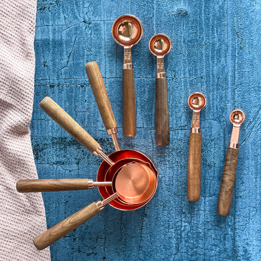 Rose Gold Measuring Cups & Spoons Set - Stainless Steel, Walnut Handle