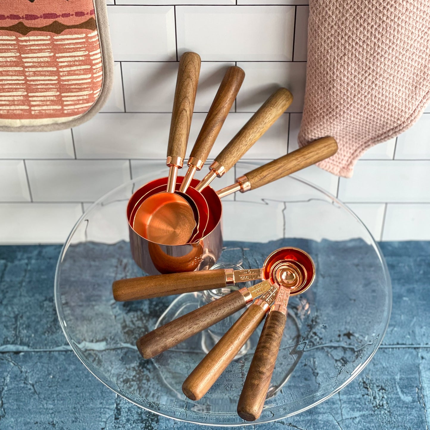 Rose Gold Measuring Cups & Spoons Set - Stainless Steel, Walnut Handle